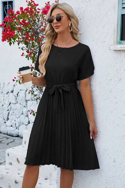 Ladies Pleated Tie Waist Short Sleeve Short Dress