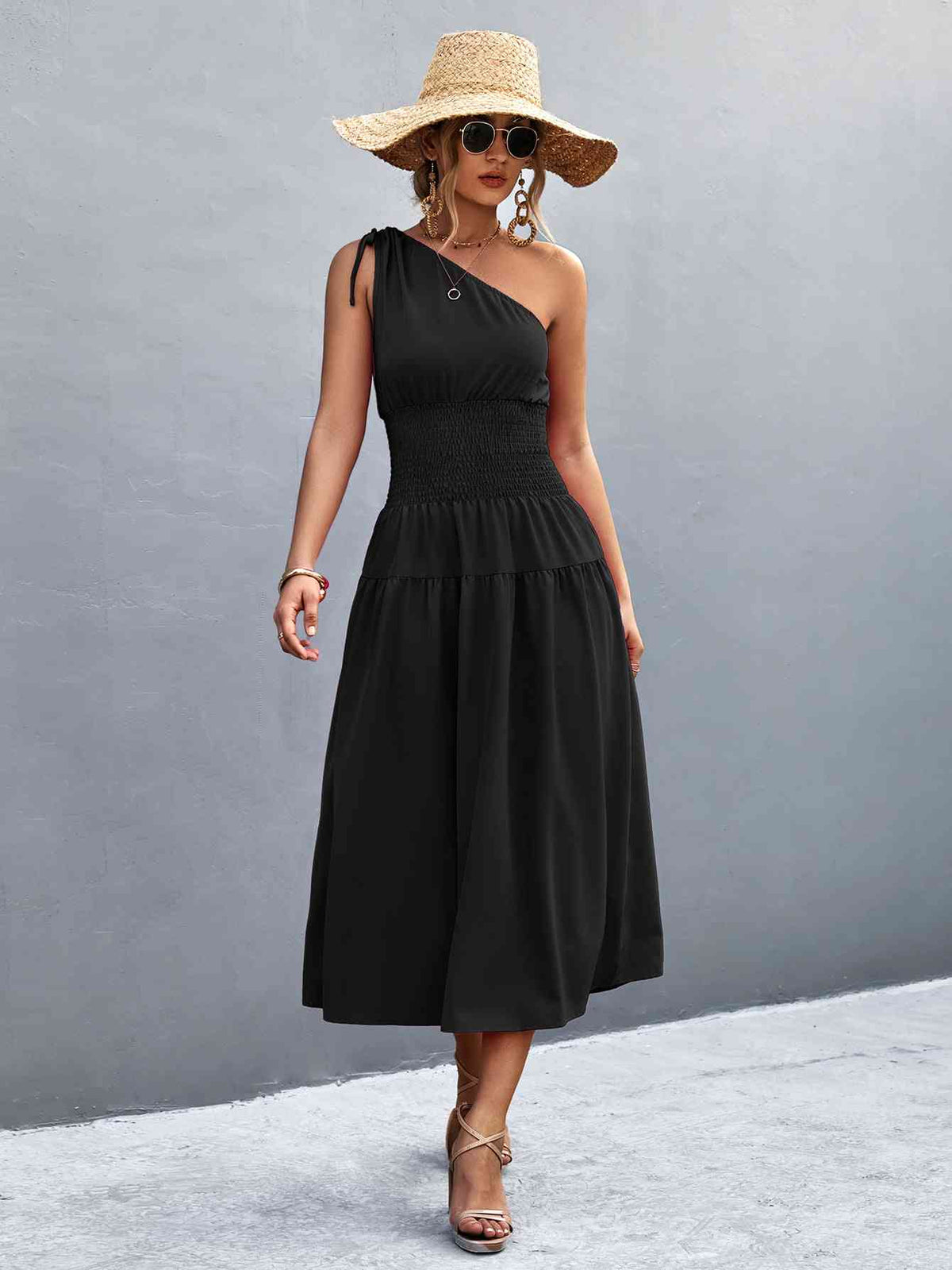 Women's Casual Maxi Dress Asymmetrical One Shoulder Smocked Waist Midi Dress