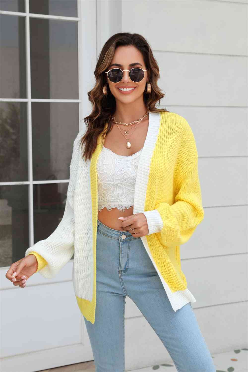 Fashion Sweater Open Front Contrast Color Balloon Sleeve Womens Fashion Cardigan