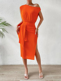 Women's Fashion Tie Front Off The Shoulder Orange High Slit Dress