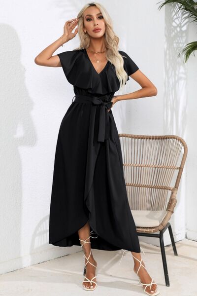 Ruffled Waist Tied V-Neck Midi Maxi Dress Casual Womens Fashion