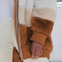 Color Block Zip-Up Hooded Faux Fur Jacket