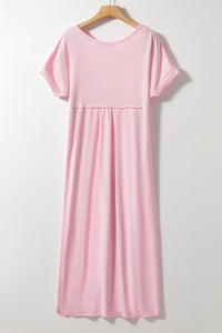 Pink Slit Pocketed V-Neck Short Sleeve Shirt Dress with pockets casual wear women's fashion