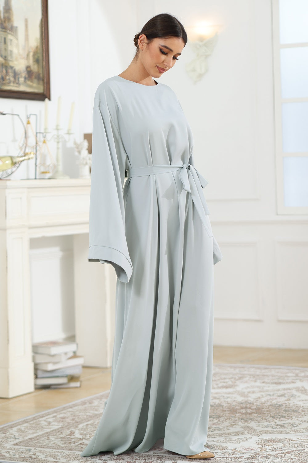 Solid Color Long Sleeve Flowy Maxi Dress Tunic Round Neck Kimono Sleeve Tie Waist Long Dress KESLEY