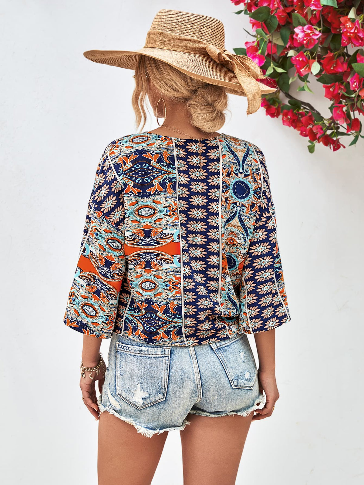 Boho Tie Hem V-Neck Three-Quarter Sleeve Blouse