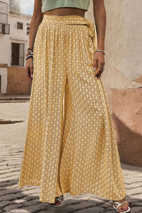 Printed Waist Tied Wide Leg Pants