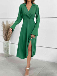 Women's Green Flare Sleeve Slit Midi Dress Professional Work Attire and Casual Wear