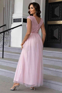 Sequin V-Neck Mesh Puffy Elegant Maxi Formal Party Dress