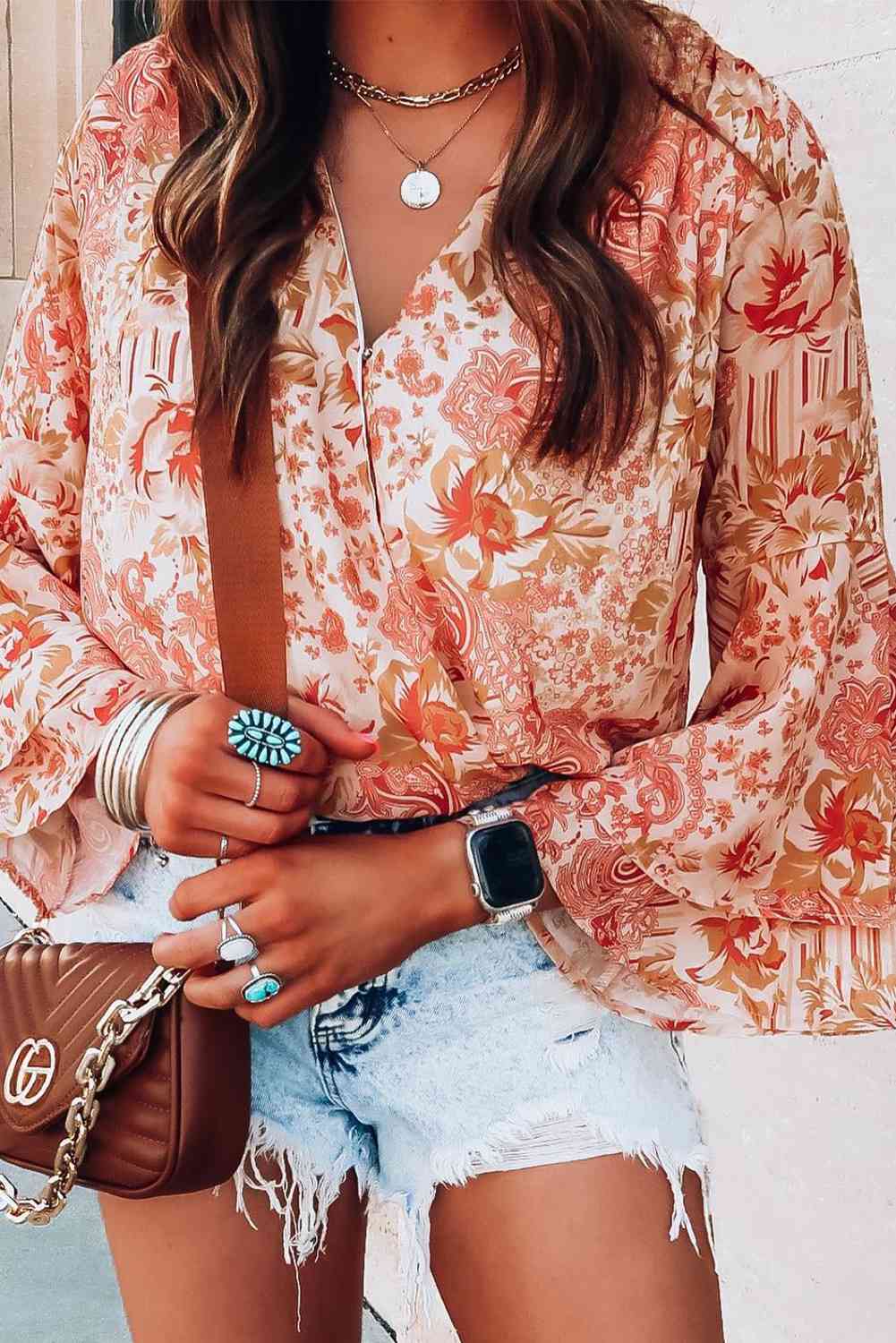 Fashion Bodysuit Boho Floral Surplice Flare Long Sleeve Womens Top