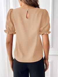 Solid Color Round Neck Flounce Short Sleeve Blouse Women's Casual Workwear Fashion