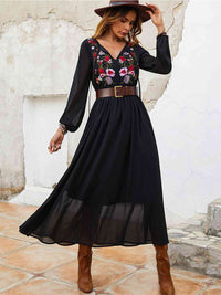 Womens Casual Flower Print Black Tie Neck Balloon Sleeve Long Dress