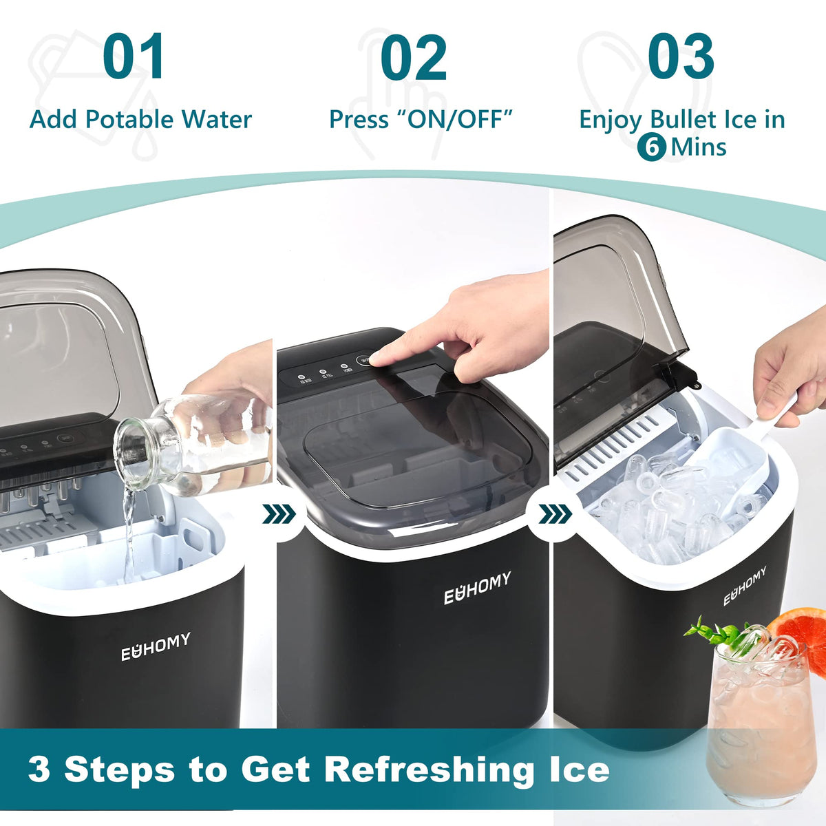 EUHOMY Countertop Ice Maker Machine with Handle, 26lbs in 24Hrs, 9 Ice Cubes Ready in 6 Mins, Auto-Cleaning Portable Ice Maker with Basket and Scoop, for Home/Kitchen/Camping/RV. (Black)