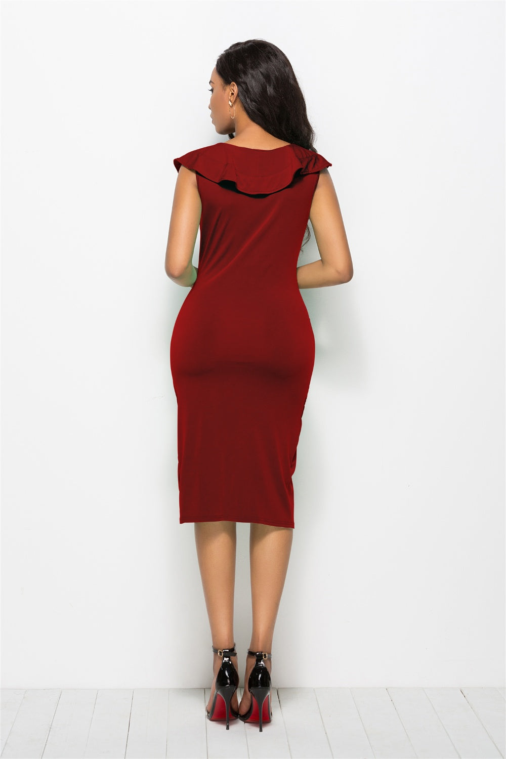 Women's V Neck Ruched Ruffled Cap Sleeve Midi Dress Ladies Work Dress