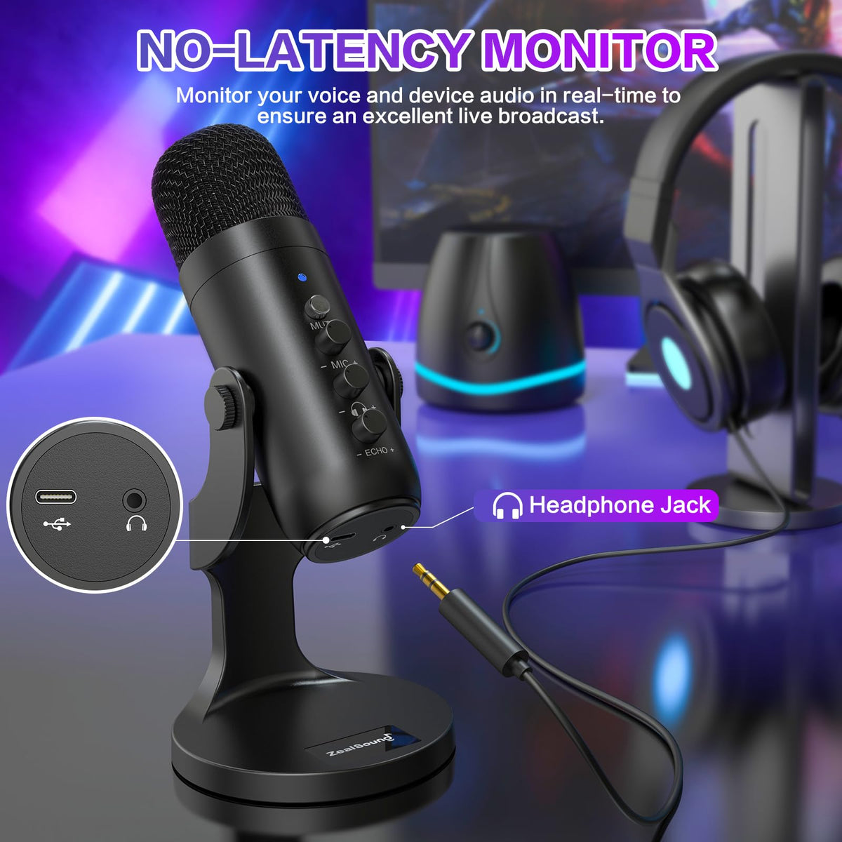 ZealSound USB Microphone,Condenser Computer PC Mic,Plug&Play Gaming Microphones for PS 4&5.Headphone Output&Volume Control,Mic Gain Control,Mute Button Vocal,YouTube Podcast on Mac&Windows(Black)