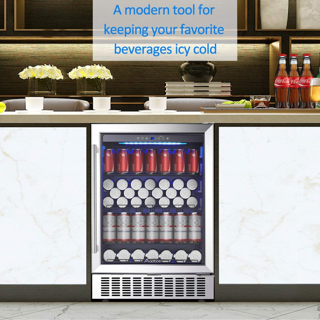 AAOBOSI 24 Inch Beverage Cooler, 164 Cans Freestanding and Built-in Beverage Refrigerator with Advanced Cooling System, Adjustable Shelf, Energy Saving, Ideal for Soda, Water, Beer, Wine