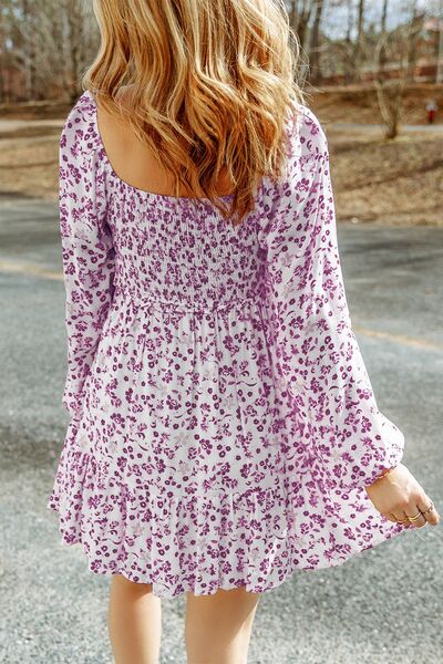 Women’s Dress Smocked Floral Square Neck Balloon Long Sleeve Short Dress