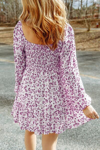 Women’s Dress Smocked Floral Square Neck Balloon Long Sleeve Short Dress