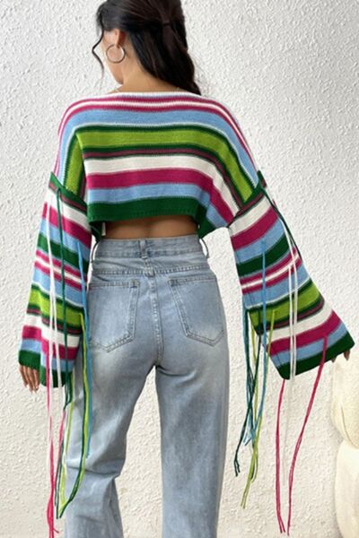 Crop Top Fringe Striped Round Neck Long Sleeve Knit Cropped Sweater