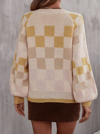 Checkered Sweater  V-Neck Lantern Sleeve Womens Fashion