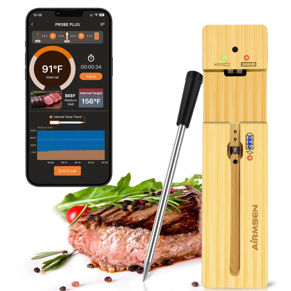 AIRMSEN Wireless Meat Thermometer, 300ft Bluetooth Meat Thermometer for Grilling Smoker Oven Cooking Kitchen, Digital Meat Thermometer Wireles, IPX7 Waterproof Wireless Meat Probe