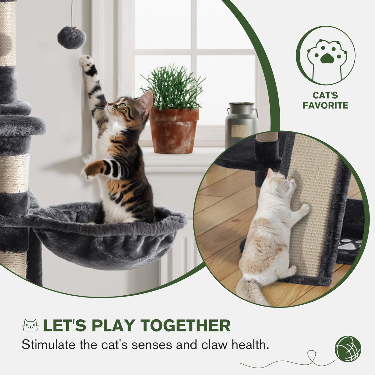 IMUsee 68 Inches Multi-Level Large Cat Tree Tower with Cat Condo/Cozy Plush Cat Perches/Sisal Scratching Posts and Hammocks/Cat Activity Center Play House/Smoky Grey