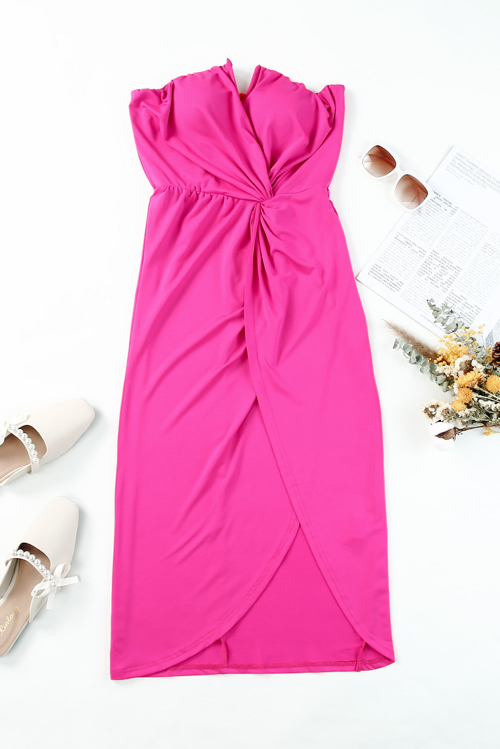 Hot Pink Sweetheart Neckline Twisted Slit Tube Mini Dress Women's Fashion sleeveless Evening Dresses