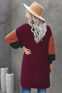 Color Block Rib-Knit Longline Cardigan with Front Pockets