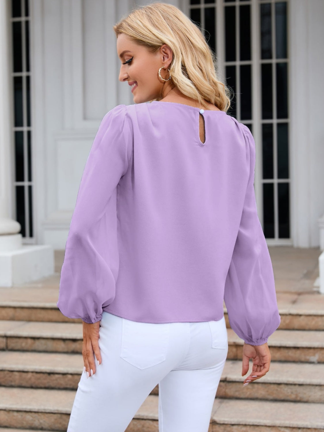 Solid Color Long Sleeve Shirt Women's Fashion Top Round Neck Balloon Sleeve Blouse