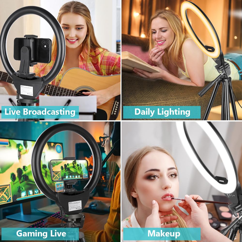 10'' Ring Light with 50'' Extendable Tripod Stand, SENSYNE LED Circle Lights with Phone Holder for Live Stream/Makeup/YouTube Video/TikTok, Compatible with All Phones.