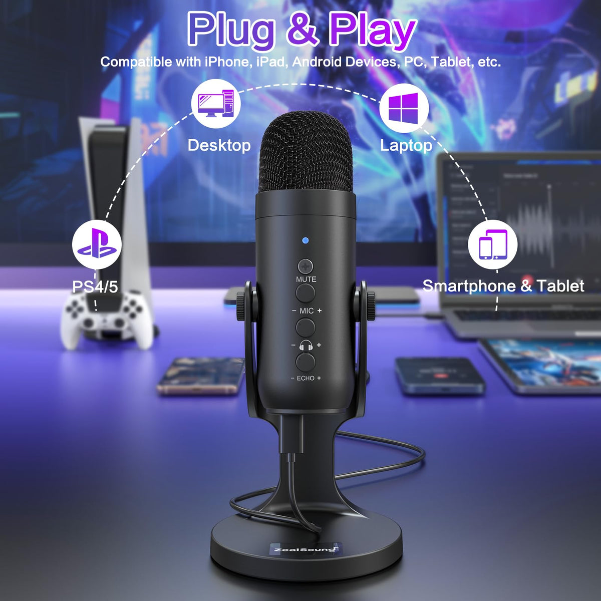 ZealSound USB Microphone,Condenser Computer PC Mic,Plug&Play Gaming Microphones for PS 4&5.Headphone Output&Volume Control,Mic Gain Control,Mute Button Vocal,YouTube Podcast on Mac&Windows(Black)