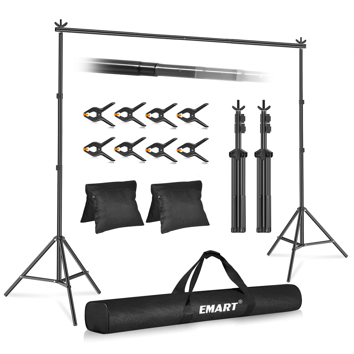 Emart Backdrop Stand 10x7ft(WxH) Photo Studio Adjustable Background Stand Support Kit with 2 Crossbars, 8 Backdrop Clamps, 2 Sandbags and Carrying Bag for Parties New Year Events Decoration