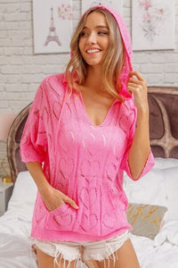 KESLEY Heart Pattern Pink Short Sleeve Sweater Openwork Heart Hooded Knit Top