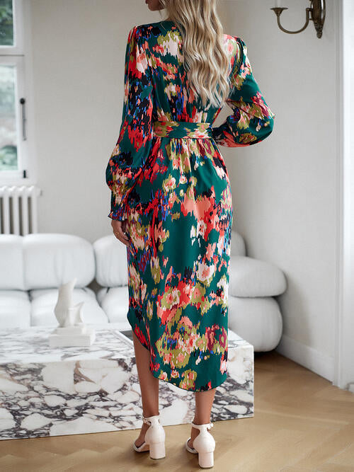 Printed Tie Front Lantern Sleeve Dress