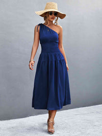 Women's Casual Maxi Dress Asymmetrical One Shoulder Smocked Waist Midi Dress