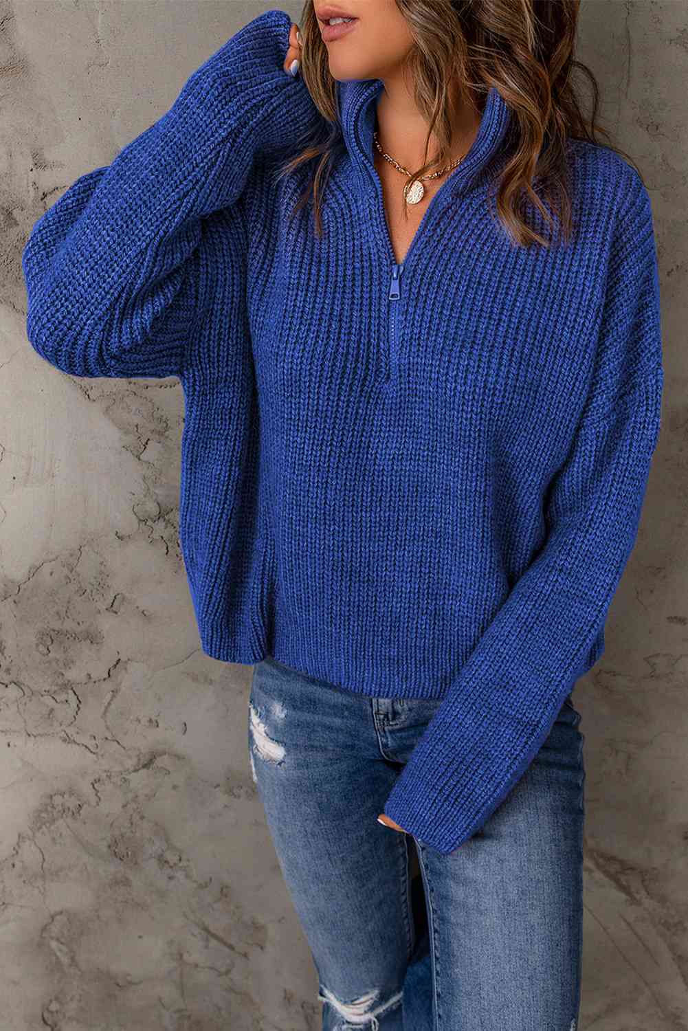 Woven Right Half Zip Rib-Knit Dropped Shoulder Sweater