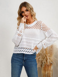 Womens Crochet Sweater Long Sleeve Casual Cutout Round Neck Knit Top