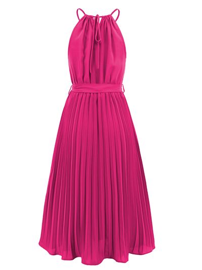 Pleated Spaghetti Strap Tie Waist Midi Dress New womens fashion Party dresses