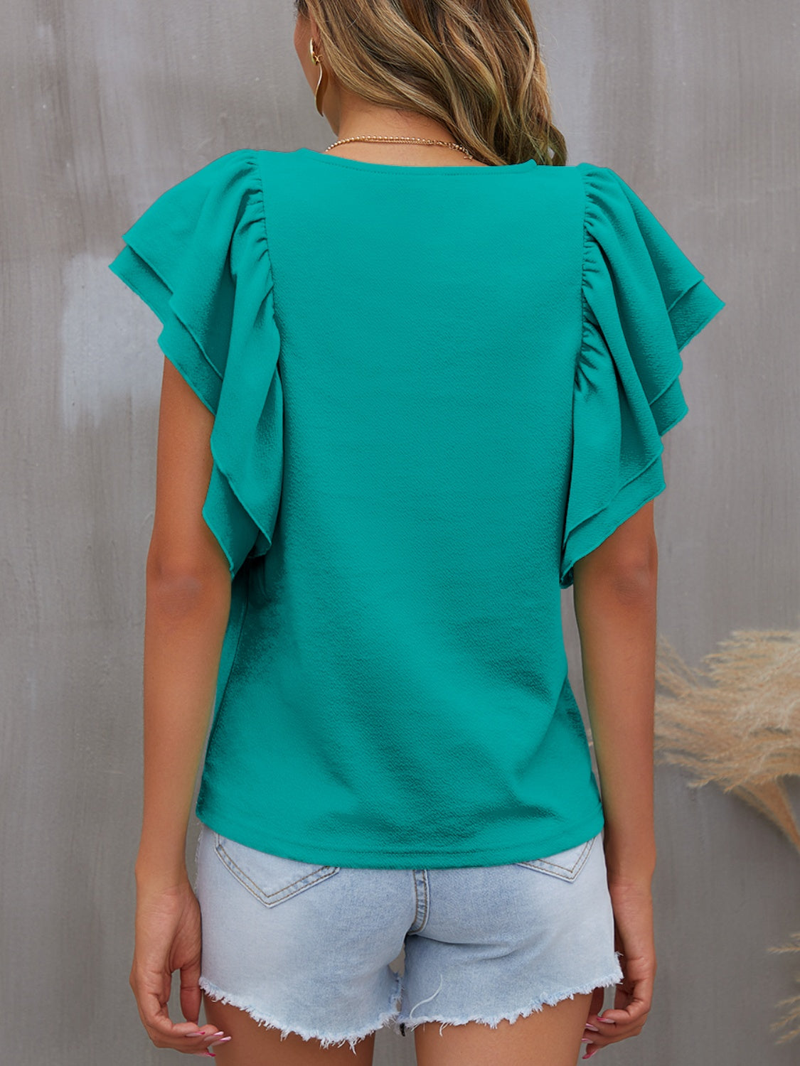 Round Neck Flounce Sleeve Blouse Solid Color Women's Short Sleeve Top