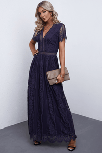 Casual Long Dress Women’s Fashion Scalloped Trim Lace Short Sleeve Plunge Maxi Dress