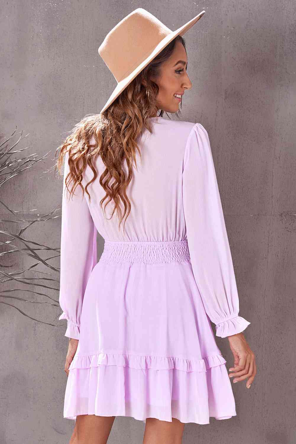 Womens Vacation Tied Plunge Smocked Waist Flounce Sleeve Dress