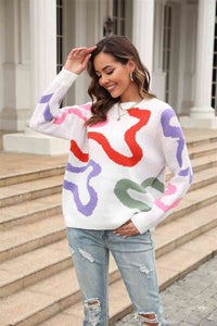 Womens Fashion Sweater Printed Round Neck Dropped Shoulder Pullover Long Sleeve Top