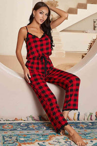 Womens Pajamas Loungewear Plaid Lace Trim Spaghetti Strap Jumpsuit