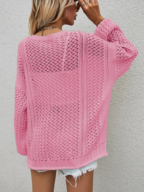 Light open sweater Pink Openwork Button Front Cardigan