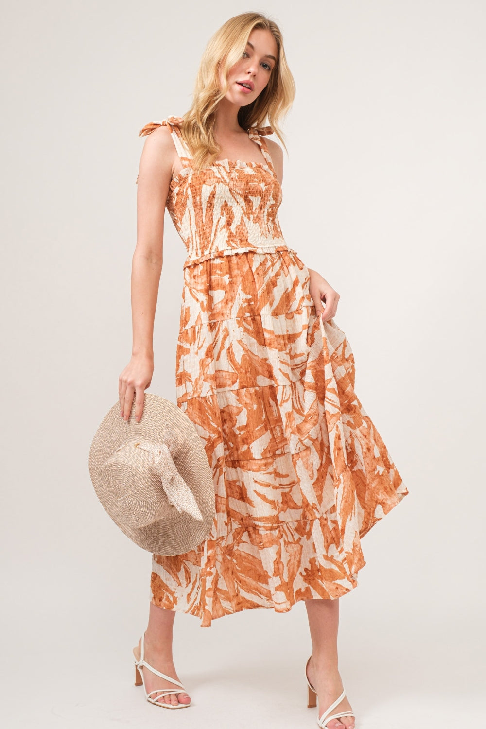 Orange Printed Casual Maxi Dress Women's Shoulder Tie Smocked Midi Tiered Dress women’s fashion summer dresse KESLEYs