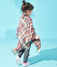 Plaid Horn Buckle Fringe Hem Shawl Girls Fashion Kids Clothing Sweater for Girls