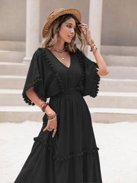 Tassel Trim Smocked V-Neck Short Sleeve Maxi Dress