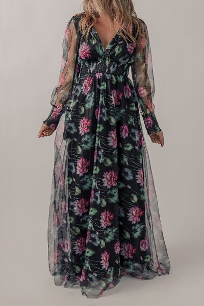 Somcked Floral V-Neck Long Sleeve Maxi Dress