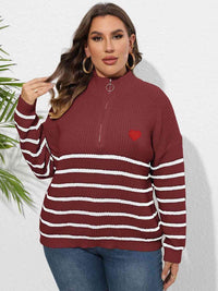 Plus Size Zip-Up Striped Sweater with heart print