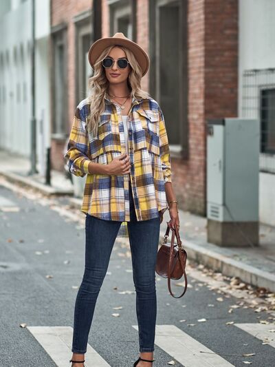 Plaid Button Up Dropped Shoulder Long Sleeve Shirt