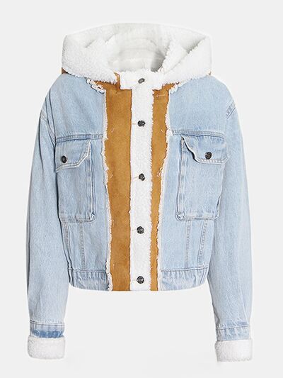 Womens Denim Jacket Hooded Contrast Raw Hem Fuzzy Womens Fashion Light Coats Jacket Cotton